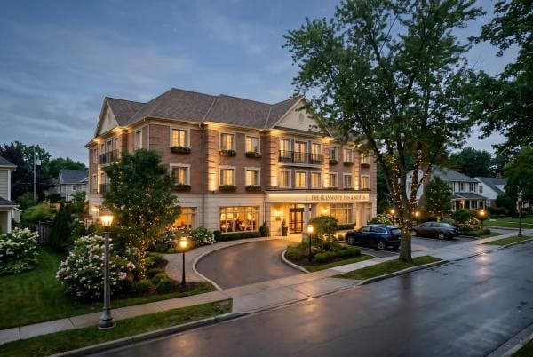 A hotel in a suburban setting with soft, appropriate lighting